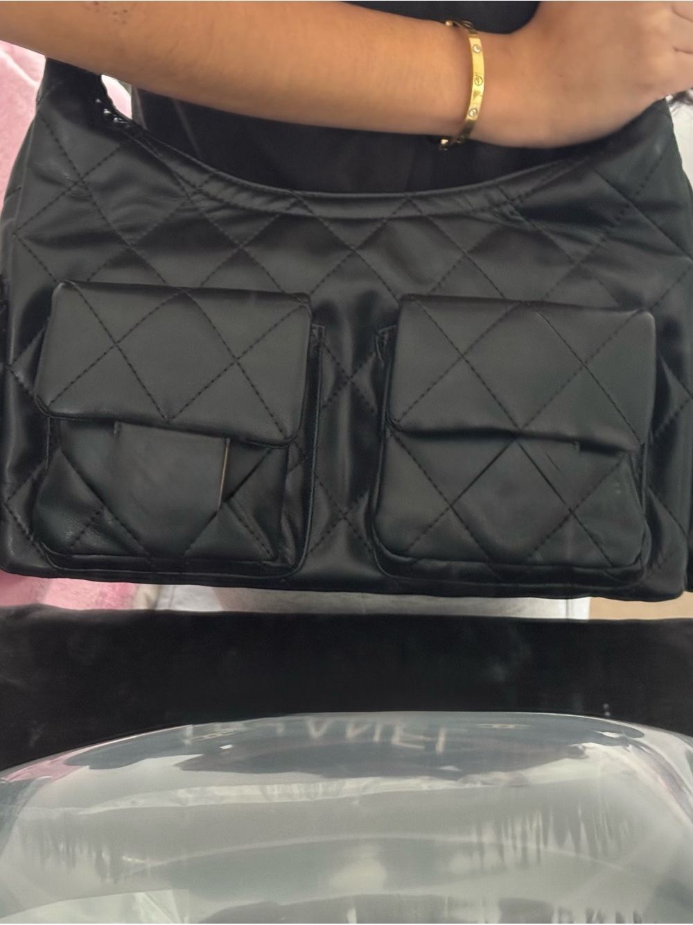 Quilted Black Shoulder Bag with Dual Front Pockets